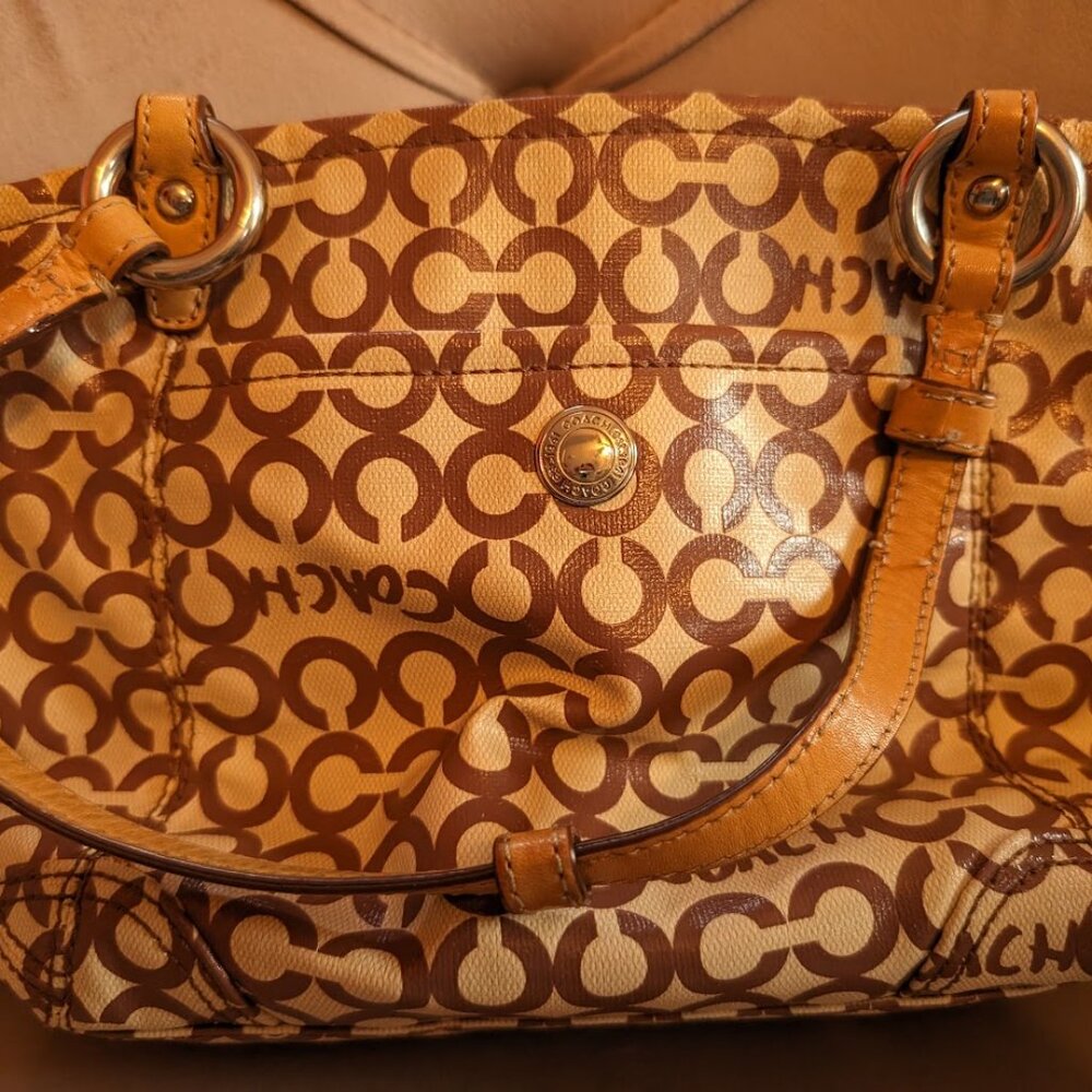 Authentic Coach Leah Optic Art Coated Canvas Brown Ivory Leather Handles 13141 - Picture 5 of 8
